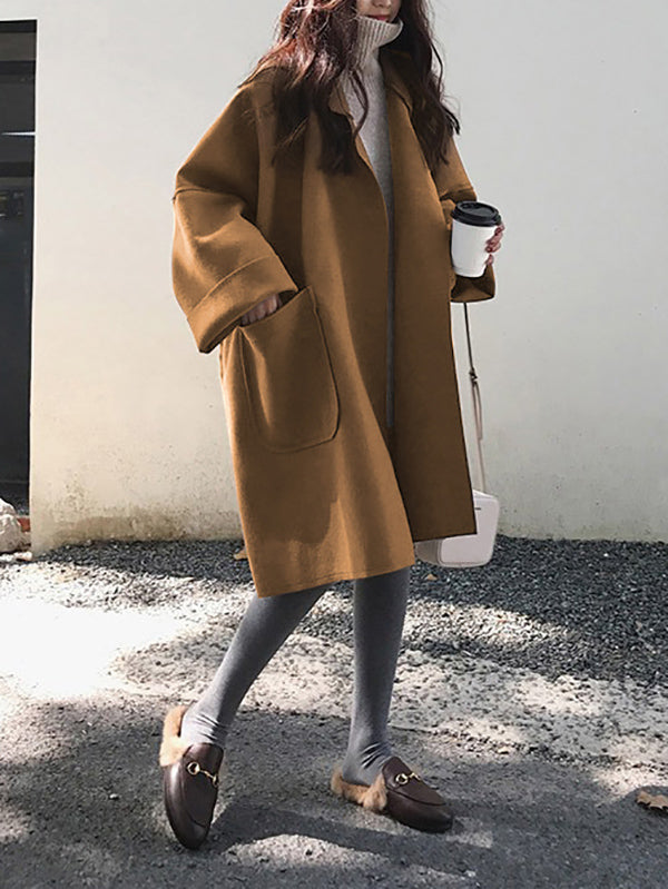 Elegant Loose Khaki Notched Collar Buttoned Pockets Long Sleeves Woolen Coat WS013 shopify