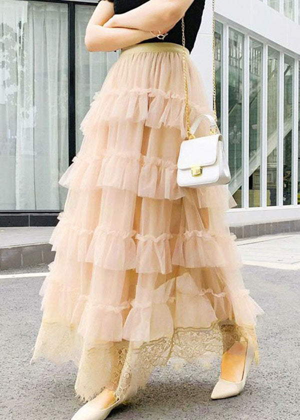 Cute Apricot Wrinkled Lace Patchwork Tulle Skirts Spring AZ1021 shopify