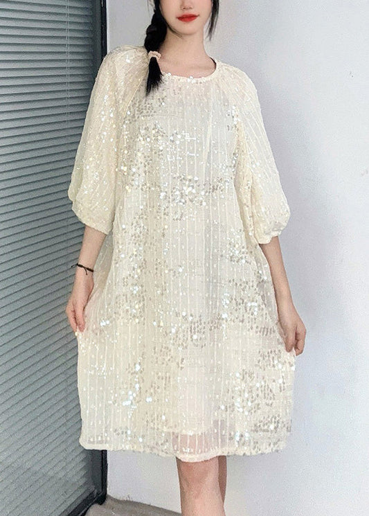 French Apricot O-Neck Sequins Mid Dress Summer AO1066 JDML-SDM240909