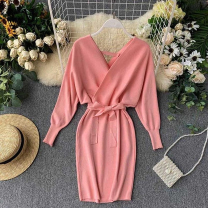 Elegant Beige V Neck Tie Waist Long Batwing Sleeve Dress AR1021 shopify