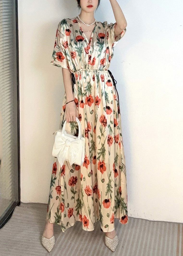 Handmade Apricot V Neck Print Cinched Holiday Long Dress Summer AO1028 JDML-SDL240909
