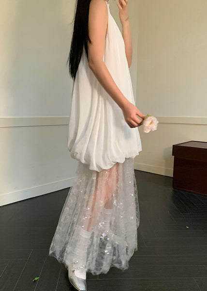 Fine White Wrinkled Patchwork Tulle Holiday Dress Sleeveless AZ1029 shopify