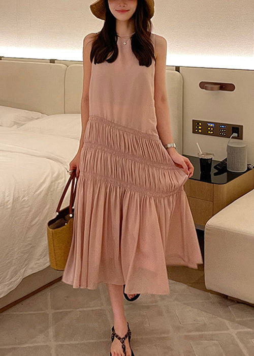 Elegant Pink Wrinkled Solid Long Dress Sleeveless QP036 OL-SDL241001