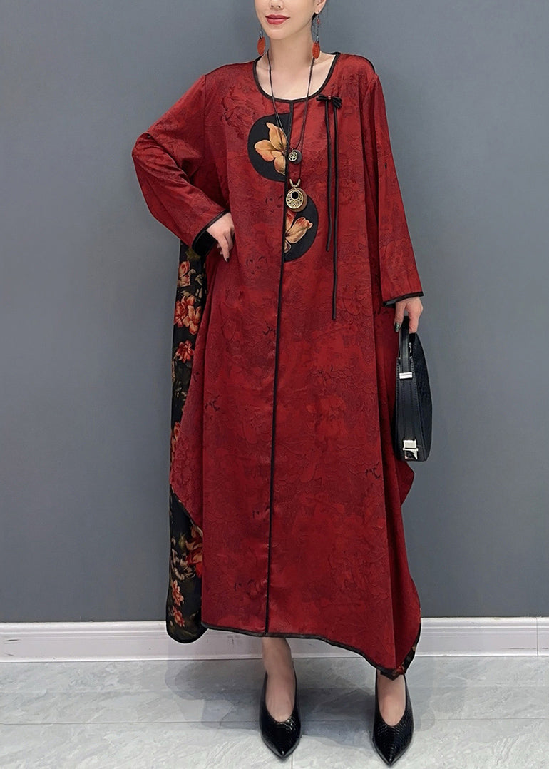 Chinese Style Red O-Neck Patchwork Holiday Silk Long Dress Long Sleeve AO1057 JDML-FDL240909