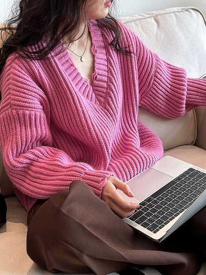 Urban Fuchsia V-Neck Long Sleeve Knit Sweater AN1046 Genistyle Shop