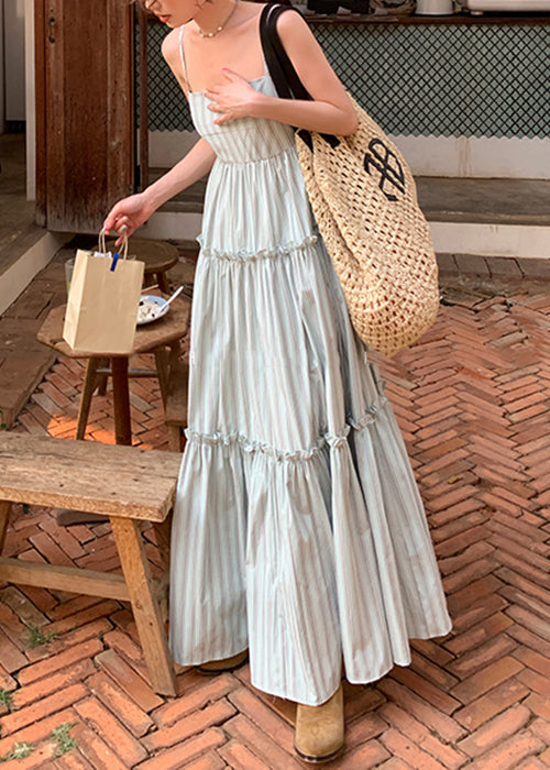 Elegant Striped Ruffled High Waist Cotton Spaghetti Strap Dress Sleeveless AZ1037 shopify