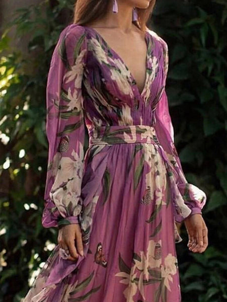 Floral Maxi V Pattern Neck Elegant Dress Butterfly FashionChic
