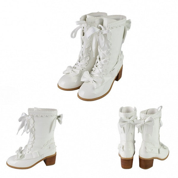 PU White Mid-heel Polished - Boots Lolita in Sweet FashionChic