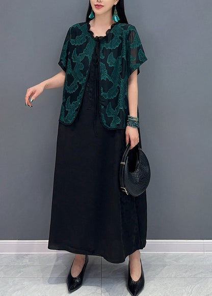 Handmade Green O-Neck Print Fake Two Pieces Long Dress Summer AO1048 JDML-SDLSS240909