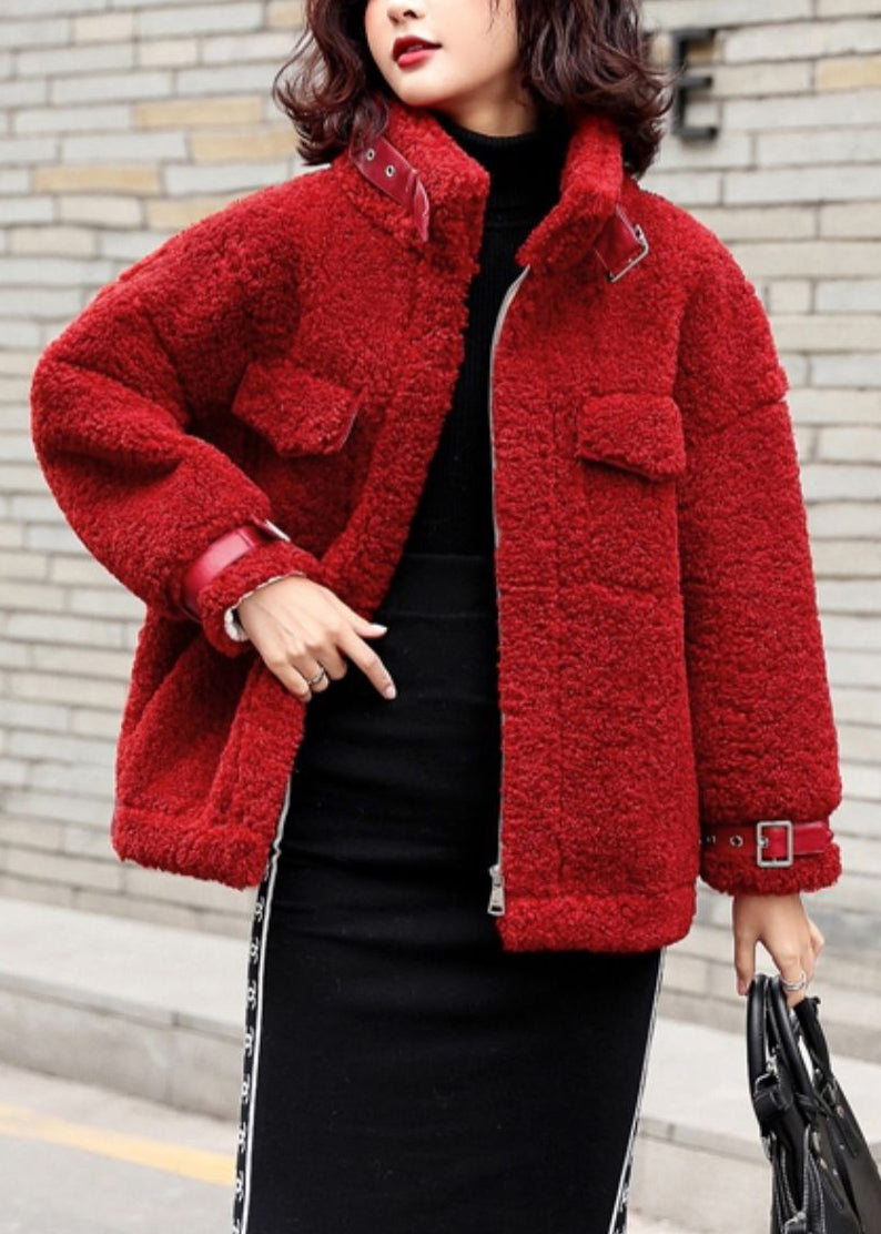 Loose Red Zippered Solid Patchwork Teddy Faux Fur Coat Winter RY001 ABC