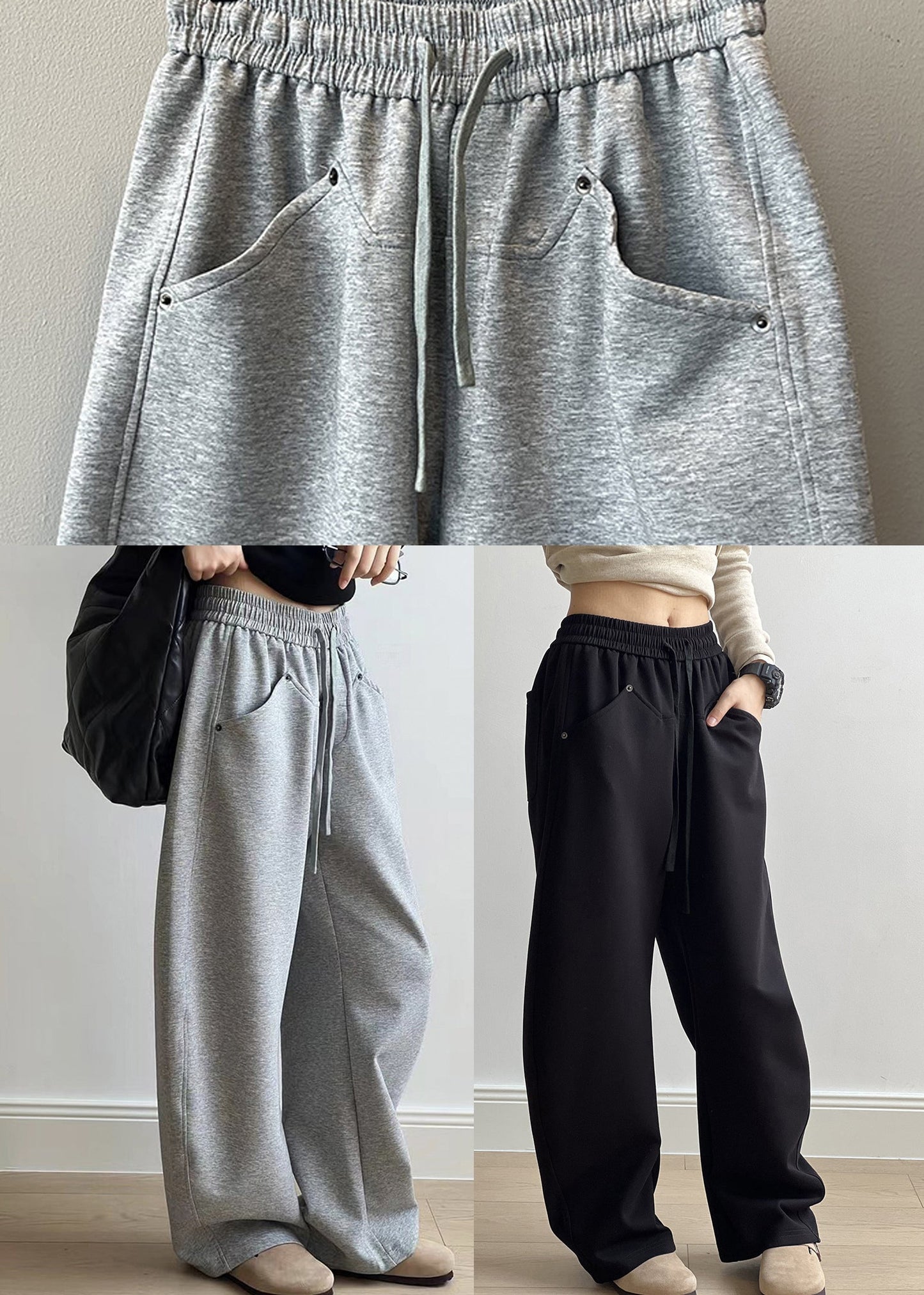 Casual Grey Pockets Drawstring Elastic Waist Cotton Pants Fall AF1072 HS-LPTS240914