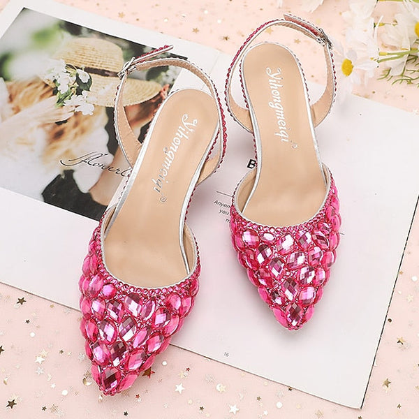 Heels Slingback Women's High Crystal Pointed-Toe Rhinestone FashionChic