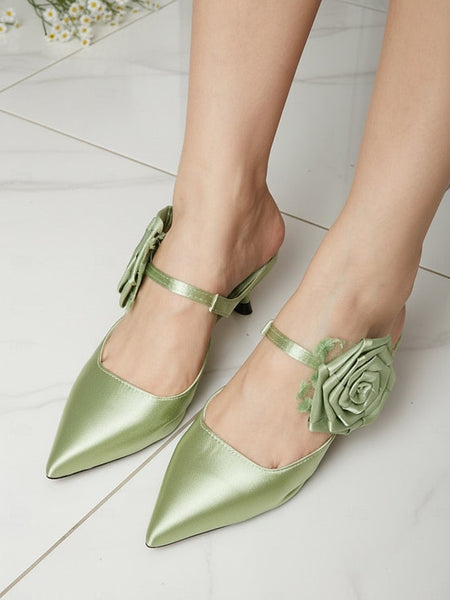 Floral Green Ankle Toe Heels Women's Satin with Pointed FashionChic