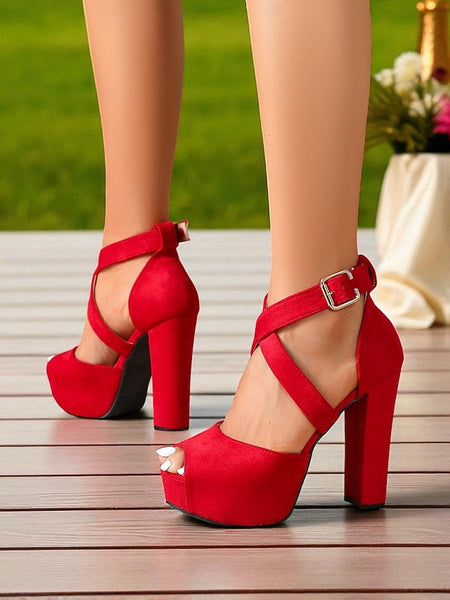 Red Toe Suede Sandals Peep Strap Platform Cross Women's - FashionChic