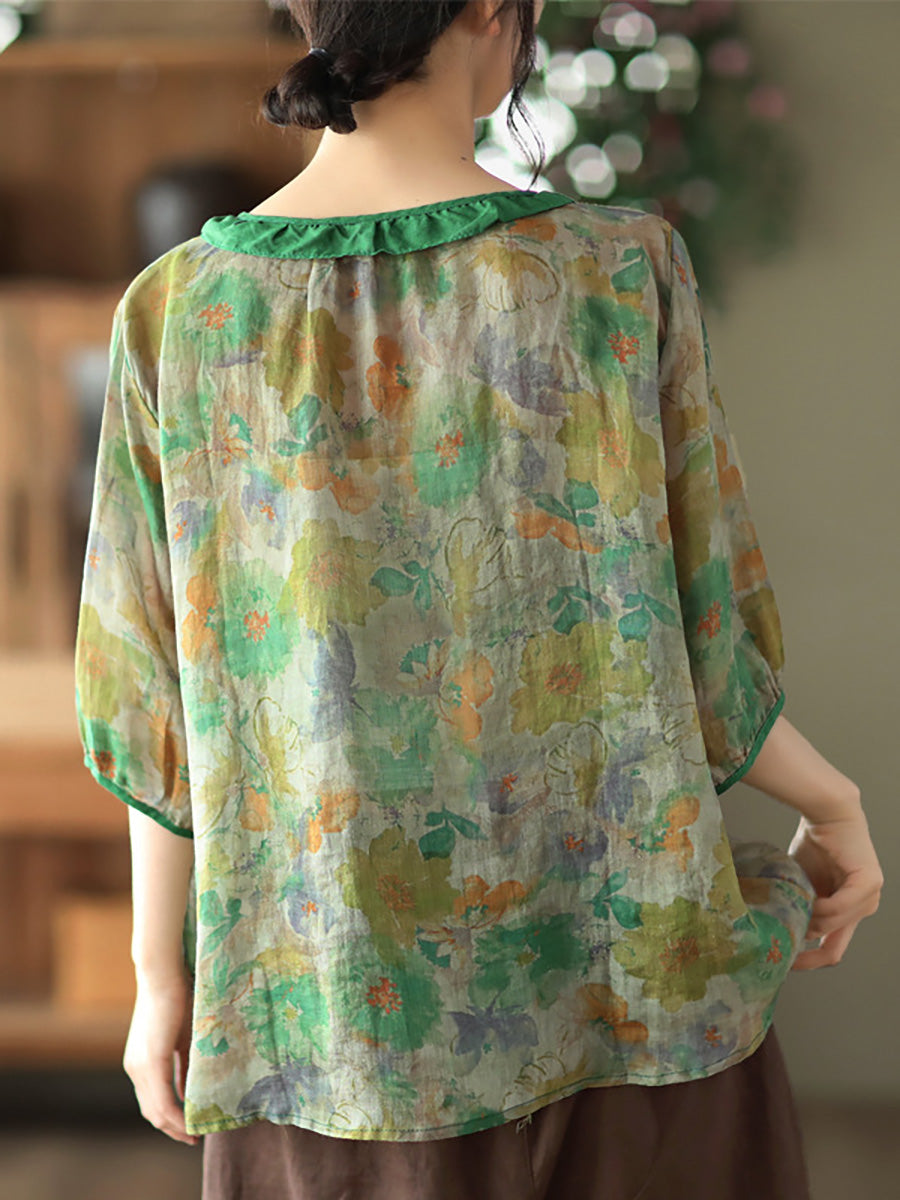Plus Size Floral Ramie Vintage Summer Women Shirt RR1061 GKFS