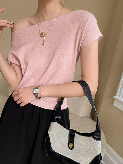 Stylish Loose Pink Boat Neck Short Sleeve Knit Top AN1073 Genistyle Shop