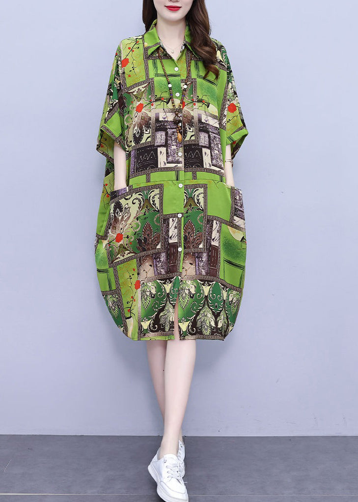 Loose Green Print Pockets Cotton Shirts Dress Half Sleeve NN030 shopify