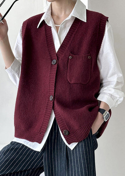Wine Red Pockets Cozy Knit Waistcoat V Neck Fall AF1022 HS-NCT240914