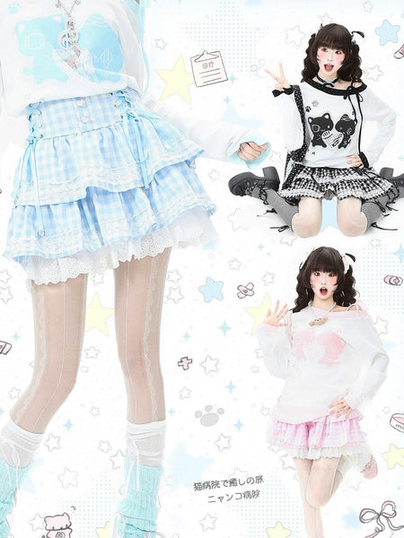 Plaid Daily Skirt Kawaii Tiered Black/Pink/Blue Pattern in with FashionChic