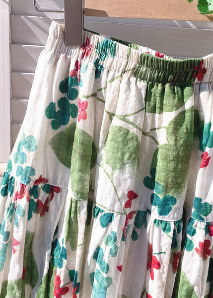 Green Print Cotton Skirt Waist Elastic New Summer FashionChic