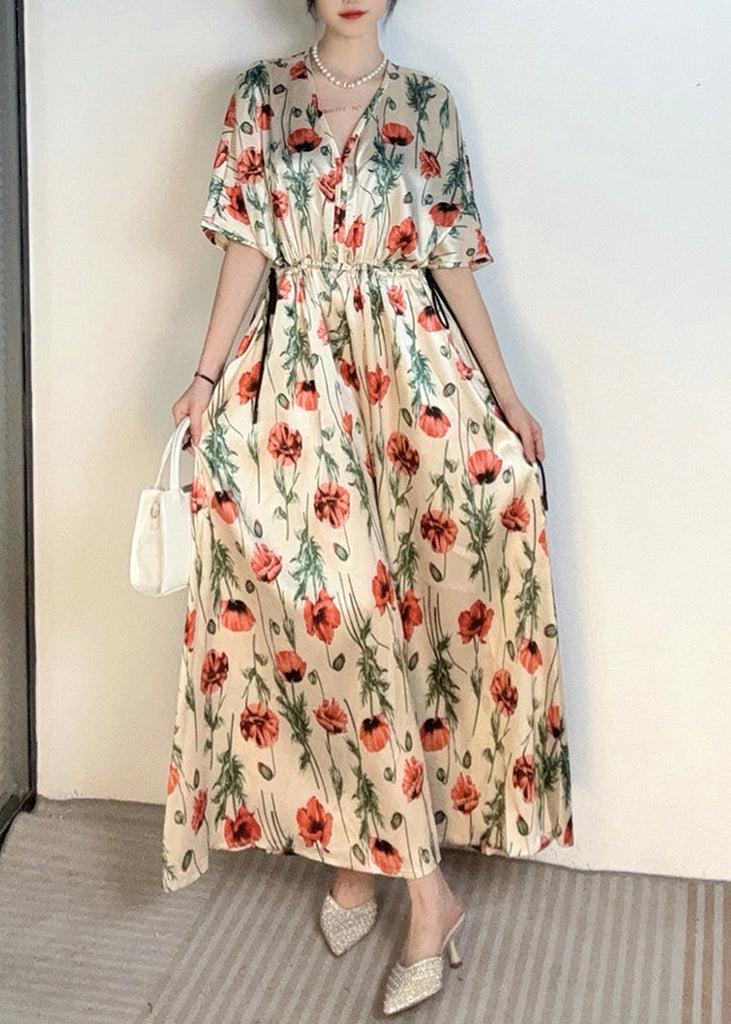 Handmade Apricot V Neck Print Cinched Holiday Long Dress Summer AO1028 JDML-SDL240909