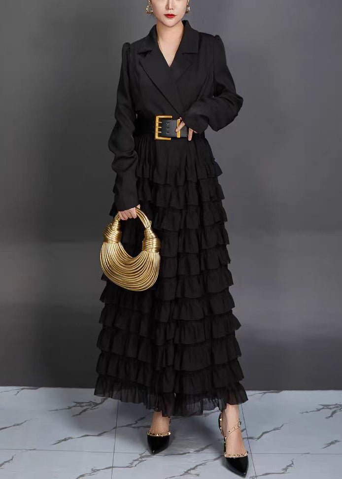New Black Notched Ruffled Spandex Long Dresses Fall AJ1019 JDML-240909