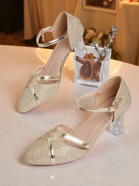 Ankle Elegant Strap Heel Pumps Gold Block Glitter Women's - FashionChic
