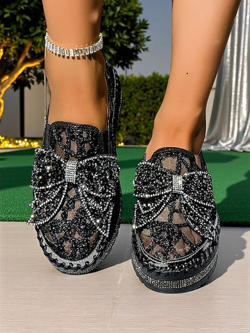 Rhinestone Slip-On Women's Lace Shoes with Black Bow FashionChic
