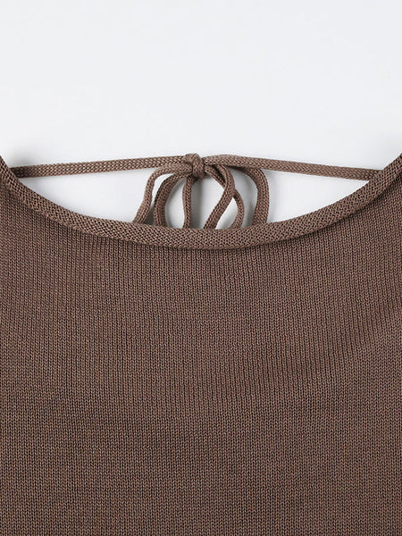 Vintage Brown Round-Neck Back Cross Hollow Lace-Up Long Bell Sleeve Sweater AN1039 Genistyle Shop