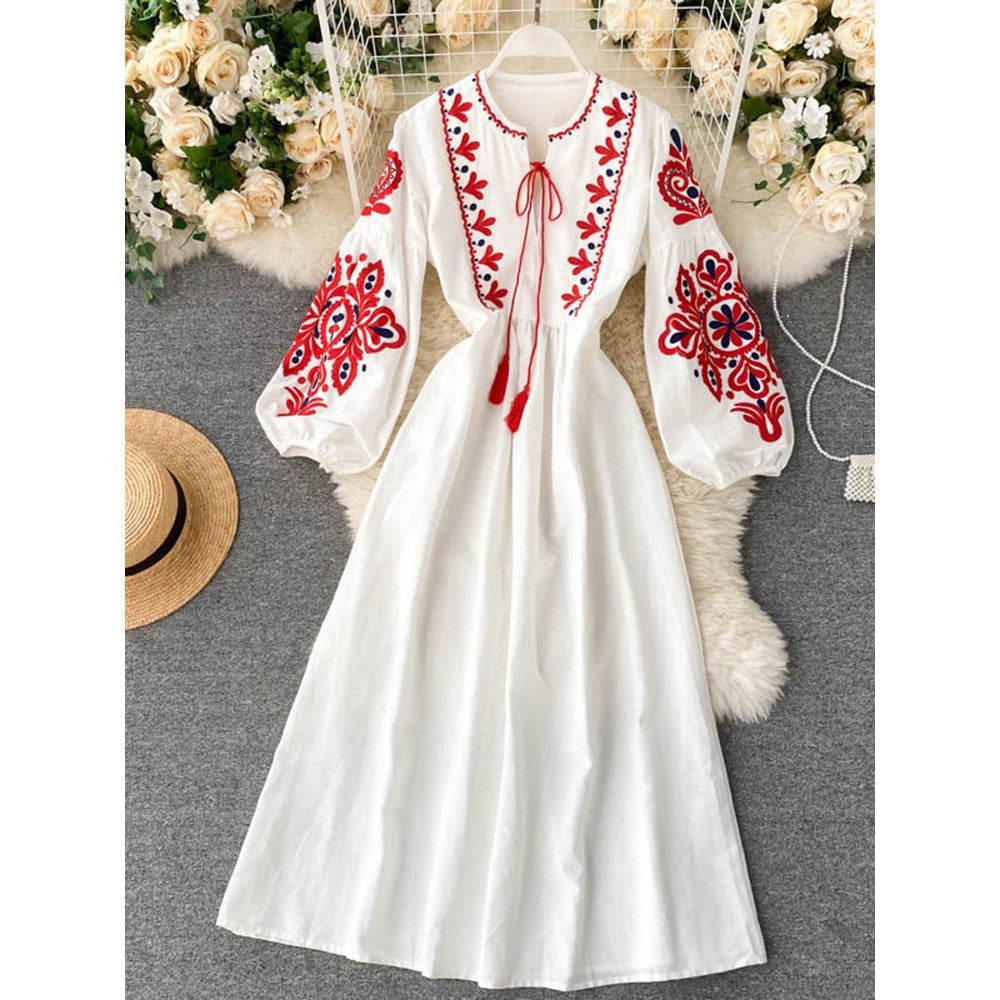 Bohemian Navy O-Neck Lacing Embroidered Flower Lantern Sleeve A-line Dress AR1011 shopify