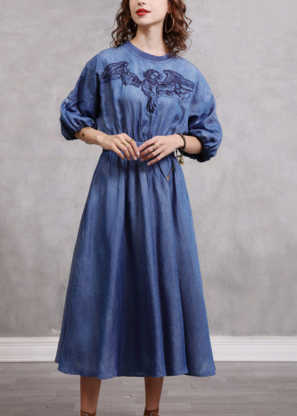 Vintage Blue Embroidered Elastic Waist Long Denim Dress Lantern Sleeve NN024 shopify