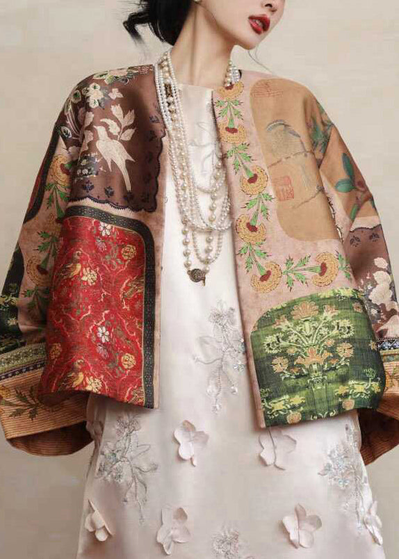 Chinese Style Yellow O-Neck Print Silk Coats Spring TW026 ABC