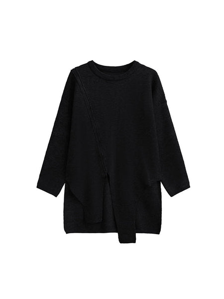 Street Grey Round-neck Zipper Decor Irregular High-low Hem Long Sleeve Sweater AN1067 Genistyle Shop