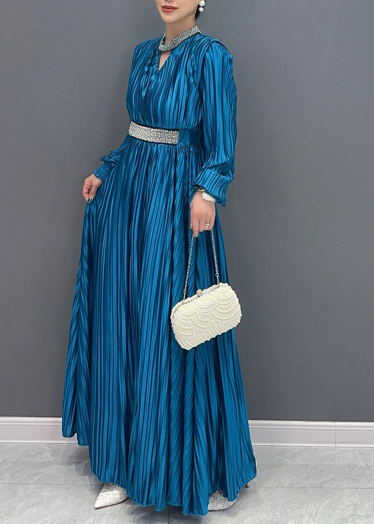 Elegant Blue V Neck Wrinkled Maxi Dress Long Sleeve AO1037 JDML-FDL240909