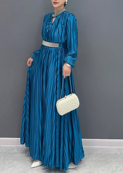 Elegant Blue V Neck Wrinkled Maxi Dress Long Sleeve AO1037 JDML-FDL240909