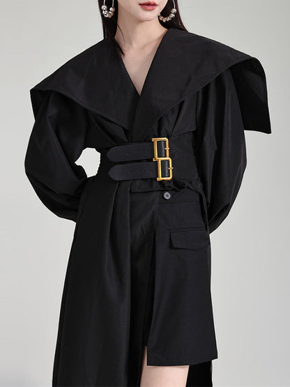 Pleated Black Asymmetric Lapel Waisted Long High Modern Belted FashionChic