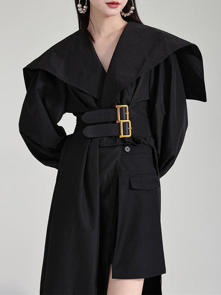 Pleated Black Asymmetric Lapel Waisted Long High Modern Belted FashionChic
