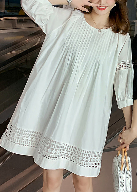 Loose White O-Neck Wrinkled Hollow Out Mid Dress Fall EE040 shopify