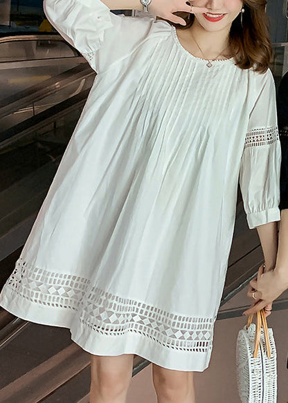 Loose White O-Neck Wrinkled Hollow Out Mid Dress Fall EE040 shopify