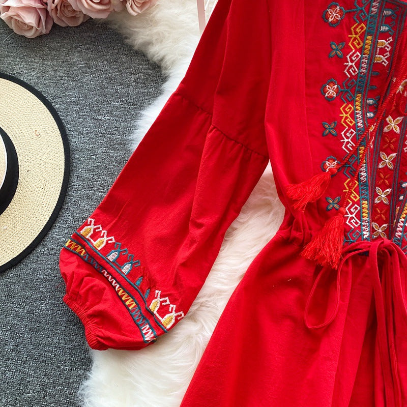 Ethnic Yellow Crew-neck Embroidery Raglan Long Puff Sleeve A-line Dress AR1006 shopify