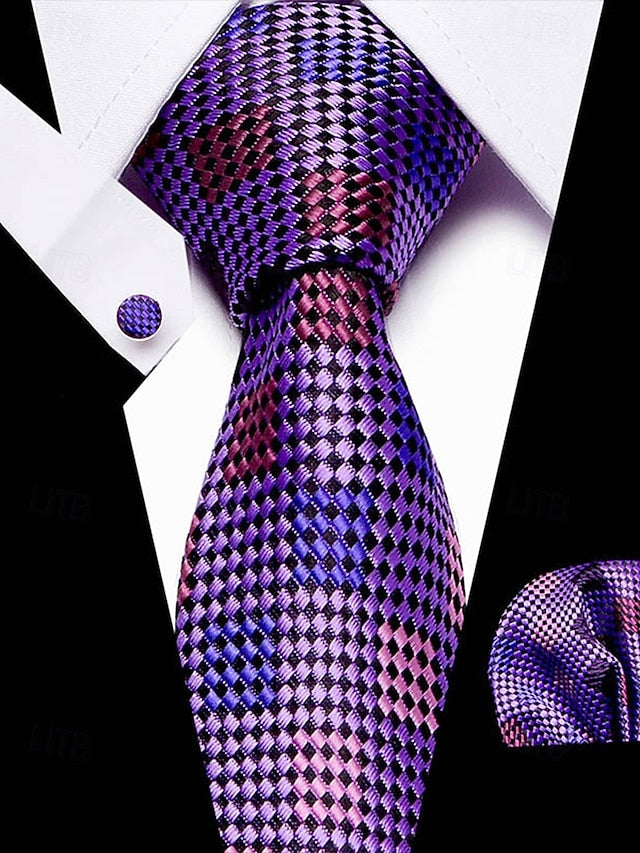 and Square Checkered Men's Pocket Purple Silk Tie – Set FashionChic