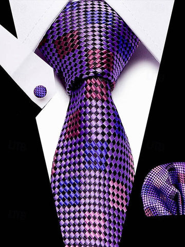 and Square Checkered Men's Pocket Purple Silk Tie – Set FashionChic