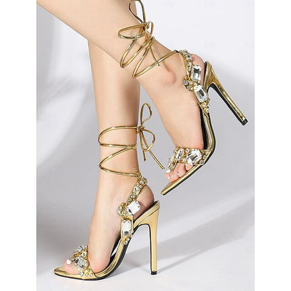 Heels Women's Stiletto with Green Metallic Lace-Up FashionChic