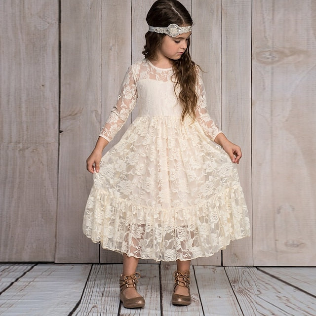 Girl Flower Colored Dress Girls' Long Kids Solid FashionChic