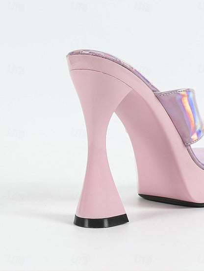 Block Iridescent Pink Open-Toe Chunky Heels with Women's FashionChic