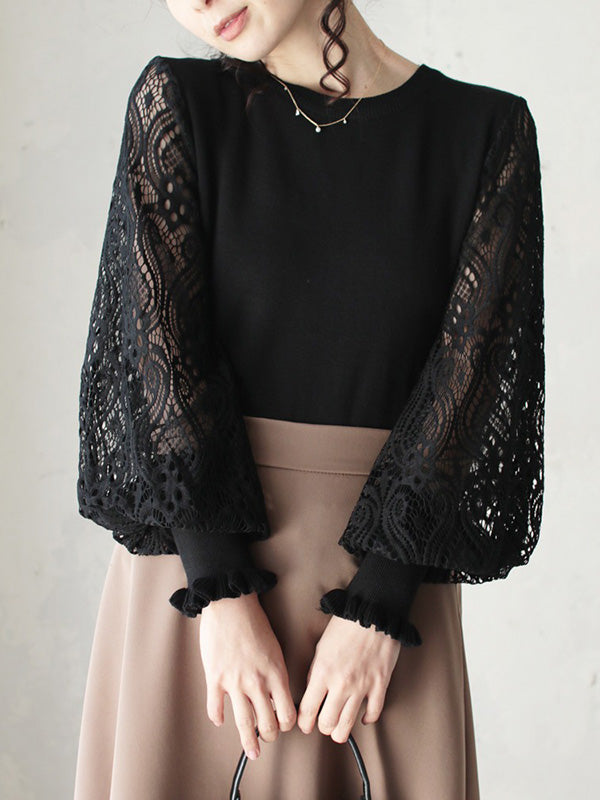 Tempermant Black Round-Neck Patchwork Hollow Lace Long Puff Sleeves Sweater QX011 shopify