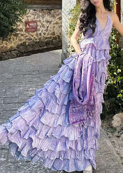 Dresses Maxi Sexy Neck Sleeveless Cotton Purple V Backless FashionChic