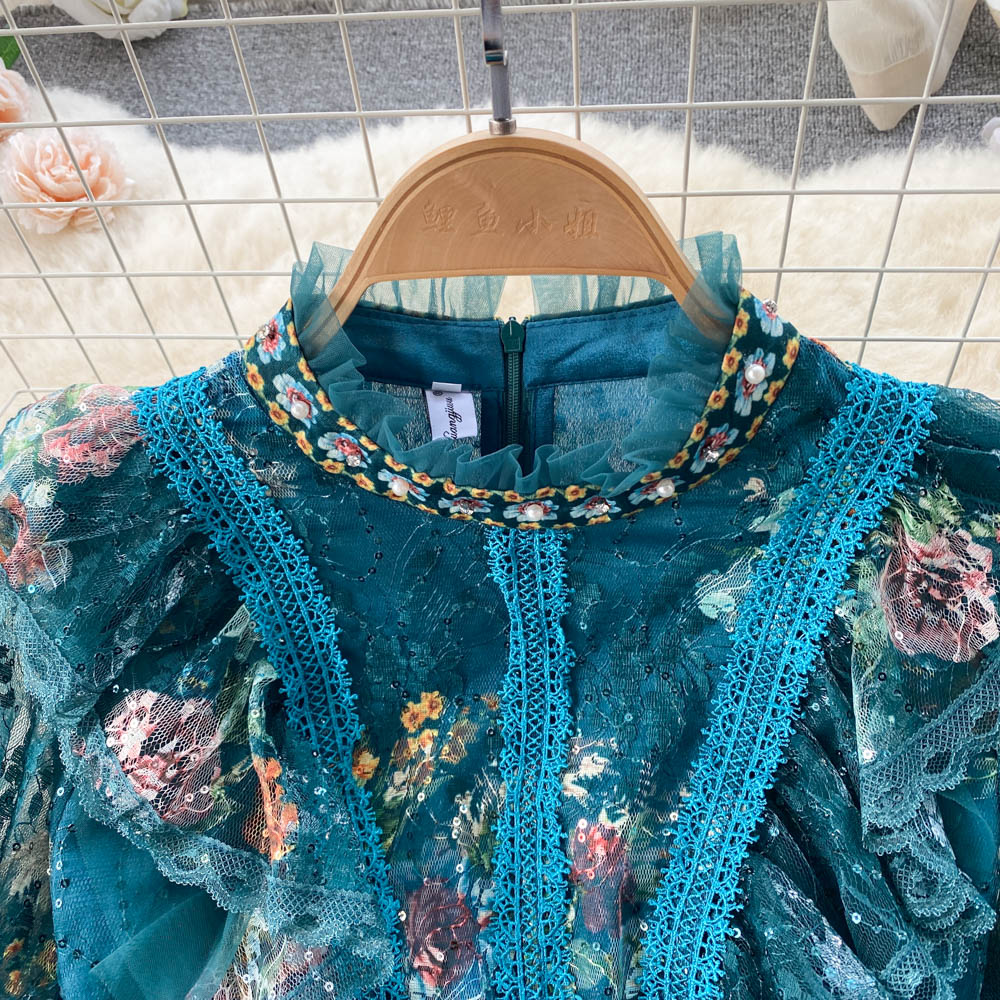 French Green High Neck Lace Stitching Beaded Floral Print Long Sleeve Dress AR1014 shopify