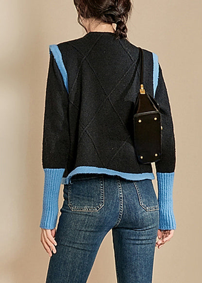 Casual Blue O-Neck Patchwork Cotton Knit Sweaters Winter WV005 ABC