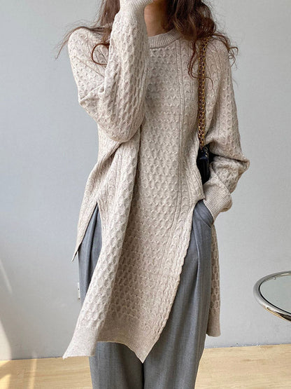 Retro Oatmeal Round-Neck Split-Side Long Sleeve Twist Knit Sweater AN1045 Genistyle Shop